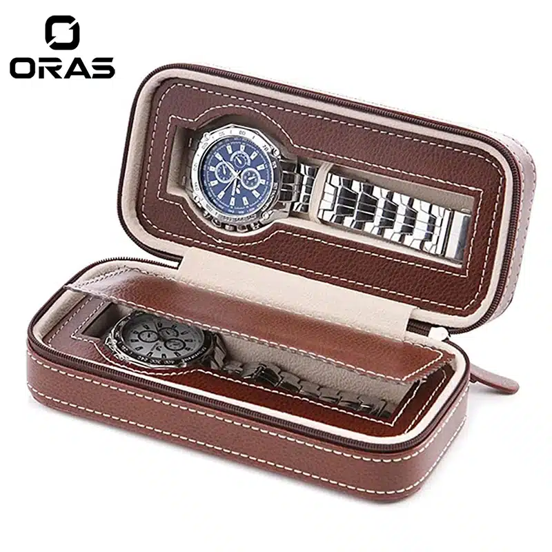 R1073 ORAS Genuine Leather 2 Slots Watch Storage Case