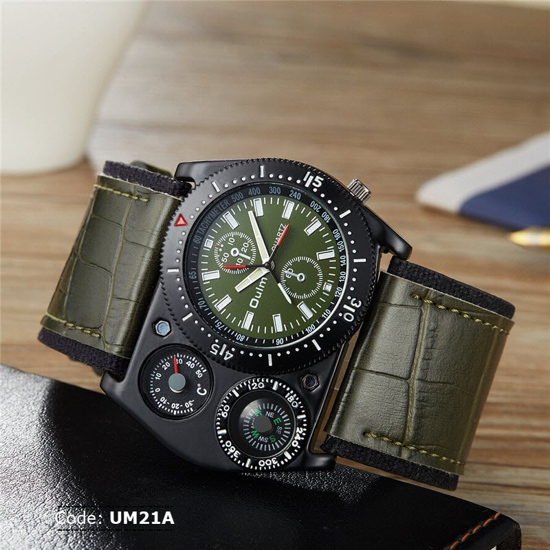 UM21A Oulm Wide Leather Band Compass Thermometer Watch