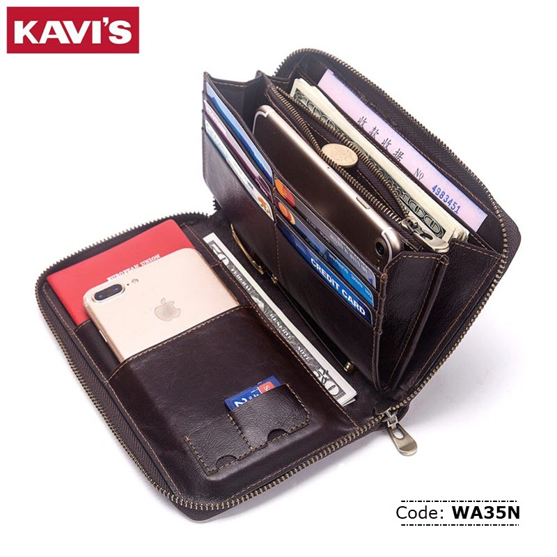 WA35N KAVIS Large Capacity Genuine Leather Long Wallet for Men
