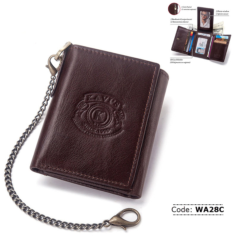 WA28C KAVIS Genuine Leather Wallet with Safety Chain for Men