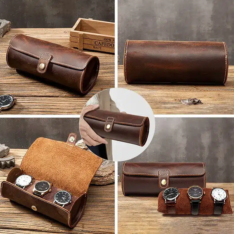 R1053 Genuine Leather 3 Slots Storage Case for Wrist Watch