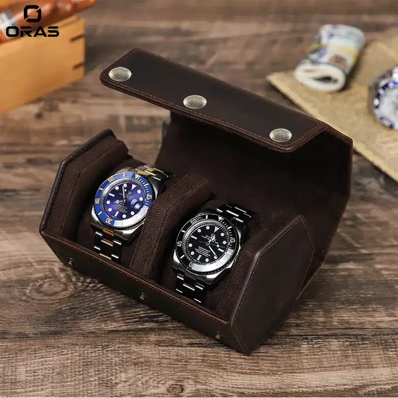 R1070 ORAS Genuine Leather 2 Slots Watch Storage Case